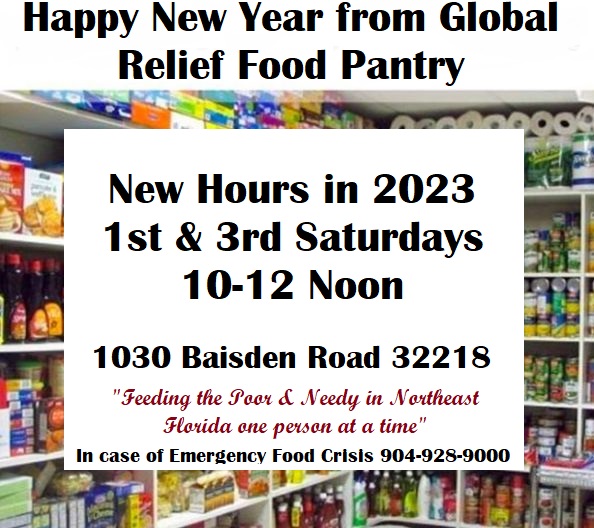 New Hours for January 1, 2023 Global Capital Relief of NE Florida